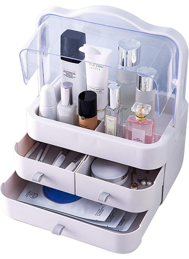 Relavel LARGE MAKEUP ORGANIZER, COSMETIC AND JEWELRY STORAGE WITH DUSTPROOF LID, DISPLAY BOXES WITH DRAWERS FOR VANITY, BATHROOM COUNTER OR DRESSER, MAKE OF ABS, WHITE - Image 1