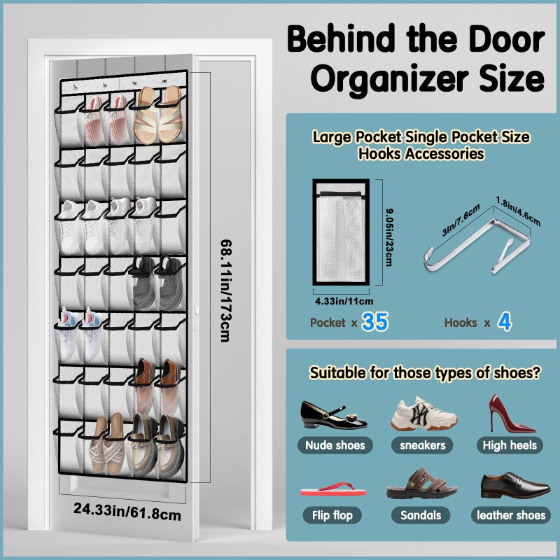 Kotkn 35 Compartment Over The Door Storage - Breathable Mesh Hanging Organizer with Large Pockets, Space Saving Design for Men & Women's Footwear, Closet, Bedroom ï¼ˆWhiteï¼‰ - Image 3