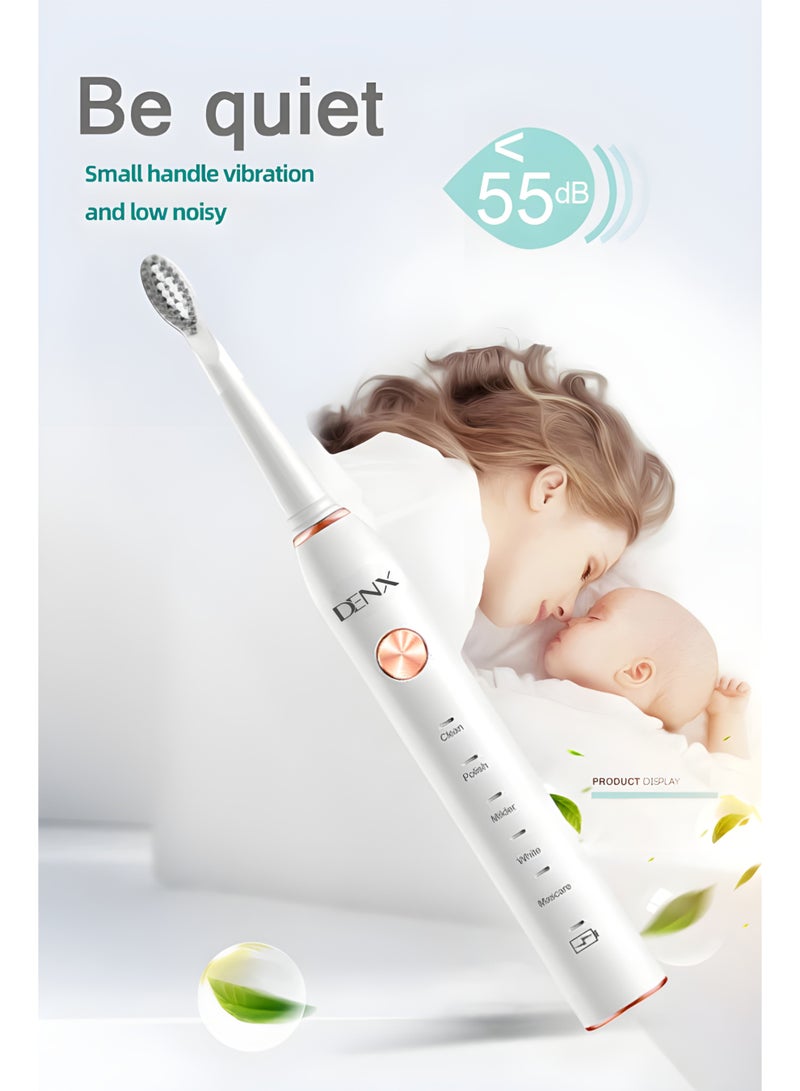 Denx Electric Sonic Toothbrush for Adults and Teens | 5 Modes, 3 Brush Heads, Ultrasonic Motor, Rechargeable, IPX7 Waterproof - Image 4