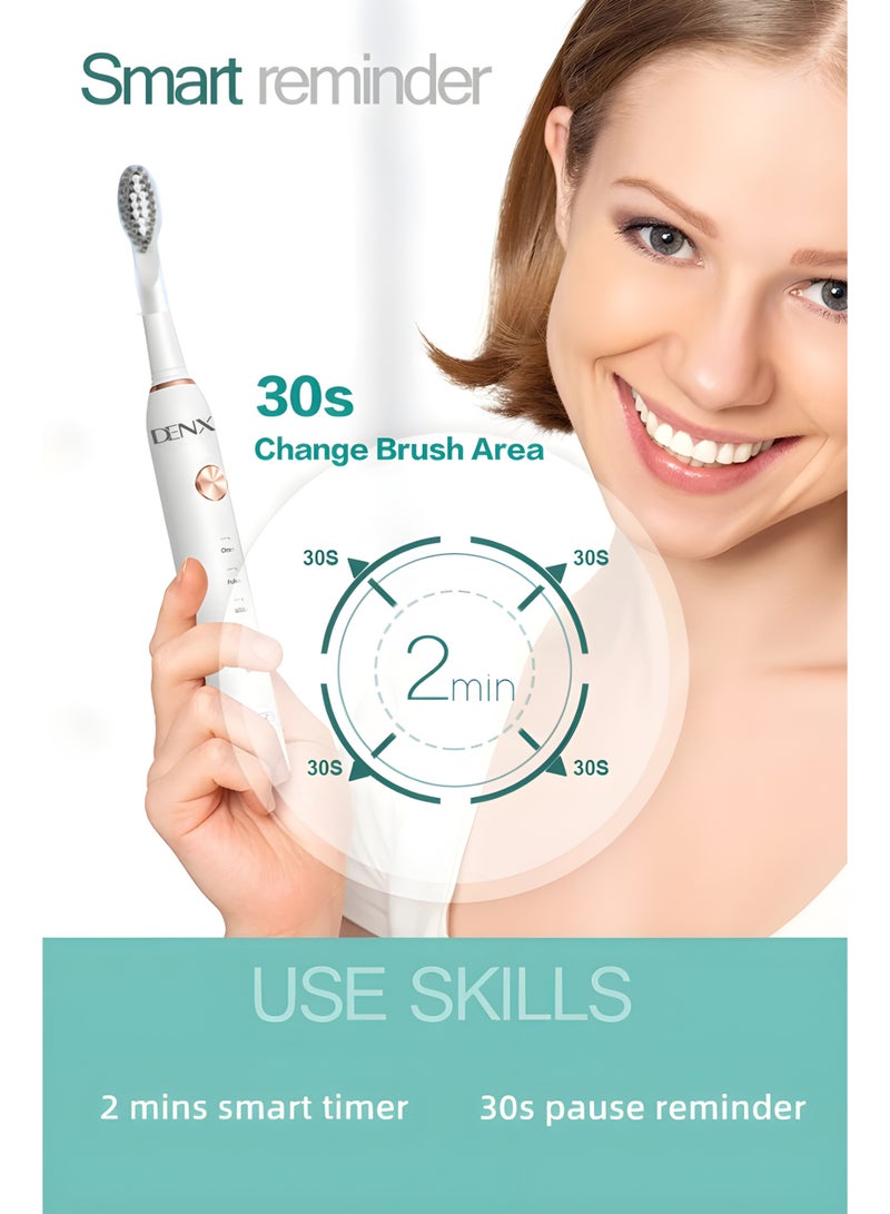 Denx Electric Sonic Toothbrush for Adults and Teens | 5 Modes, 3 Brush Heads, Ultrasonic Motor, Rechargeable, IPX7 Waterproof - Image 2