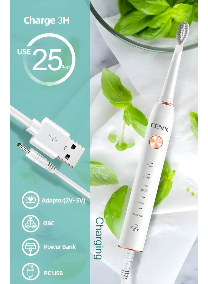 Denx Electric Sonic Toothbrush for Adults and Teens | 5 Modes, 3 Brush Heads, Ultrasonic Motor, Rechargeable, IPX7 Waterproof - Image 3