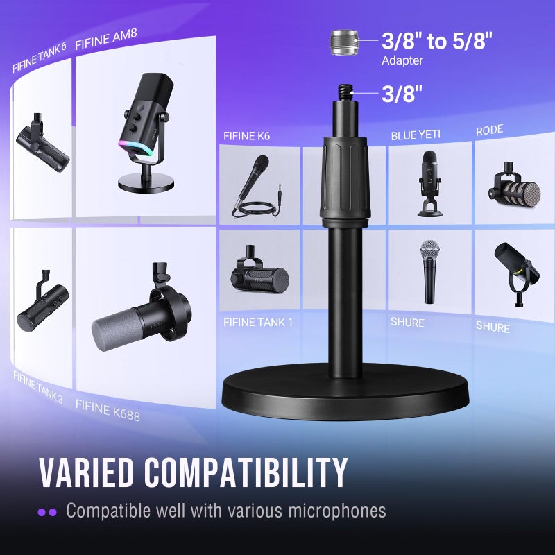 FIFINE Desktop Microphone Stand, Heavy-Duty Metal Adjustable Table Mic Stand with 5/8" Male to 3/8" Female Screw Adapter, 4 Non-Slip Pads Compatible with Microphones for Recording, Streaming-BS1 - Image 4
