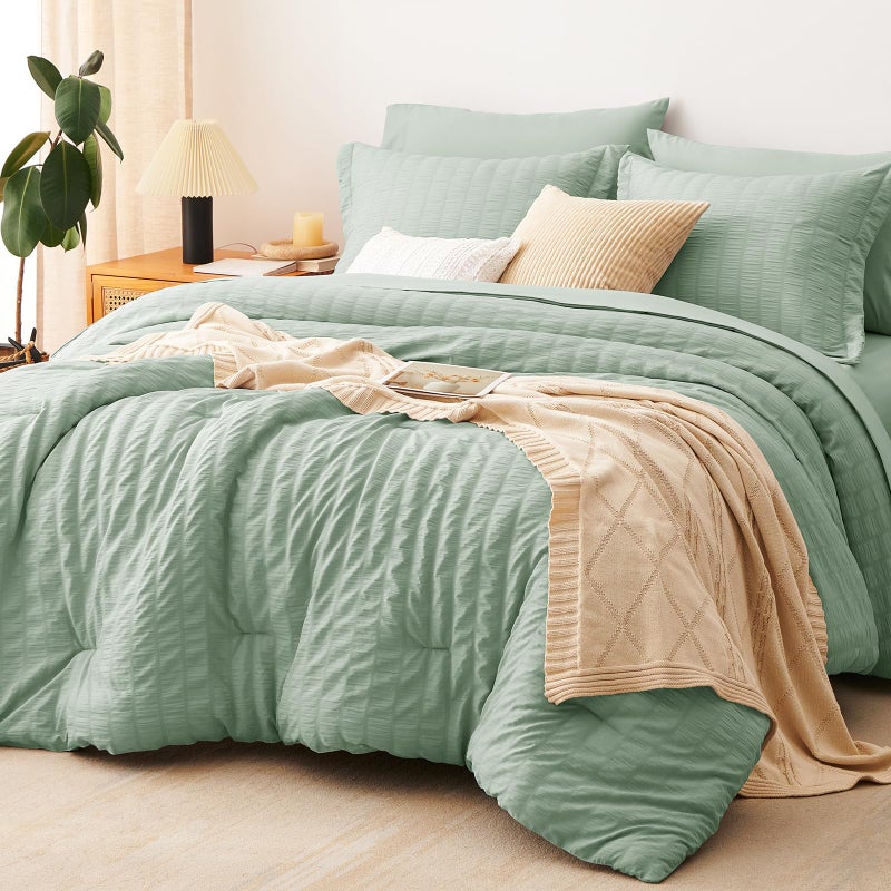 CozyLux Full Size Comforter Sets with Sheets Seersucker 7 Pieces Sage Green Bed in a Bag Textured Luxury Soft Bedding Set with Down Alternative Comforter, Sheets, Pillowcases & Shams for All Seasons - Image 1