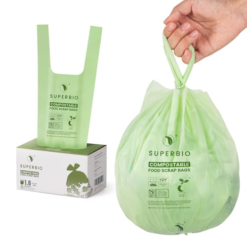 SUPERBIO 16 Gallon Handle Tie Compostable Food Scrap Bags For Counter Top Compost Bin Small Compost Bags 50 Count 6 Liter BPI  OK compost INDUSTRIAL Certified