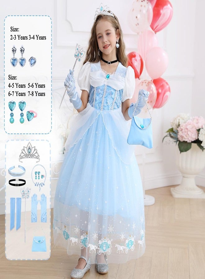 Luzlen Cinderella Costume for Girls Blue Princess Dress for Kids with Puffy Sleeves Halloween Birthday Party Outfit,5-6 Years(Label 130) - Image 4