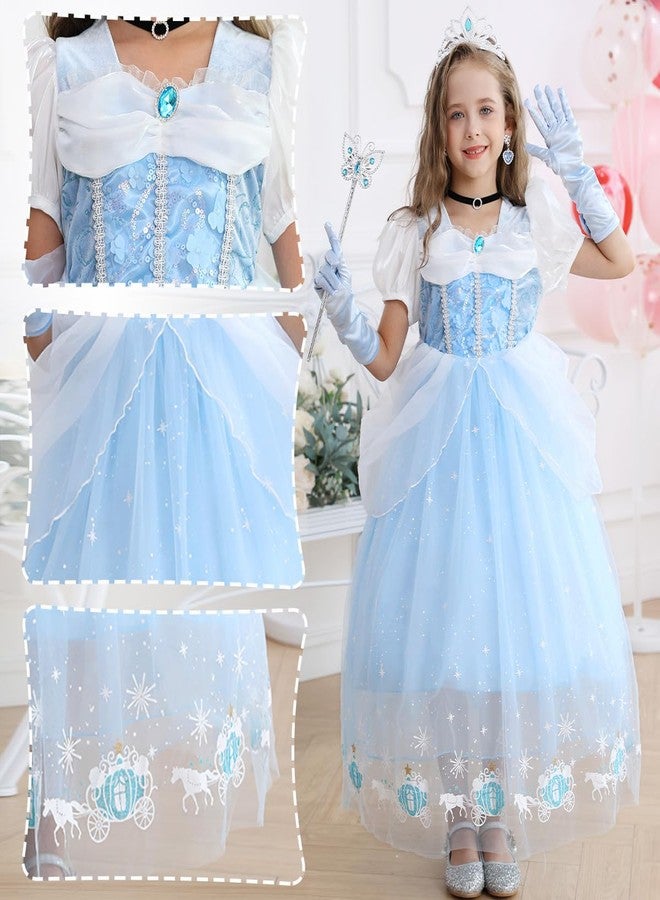 Luzlen Cinderella Costume for Girls Blue Princess Dress for Kids with Puffy Sleeves Halloween Birthday Party Outfit,5-6 Years(Label 130) - Image 5