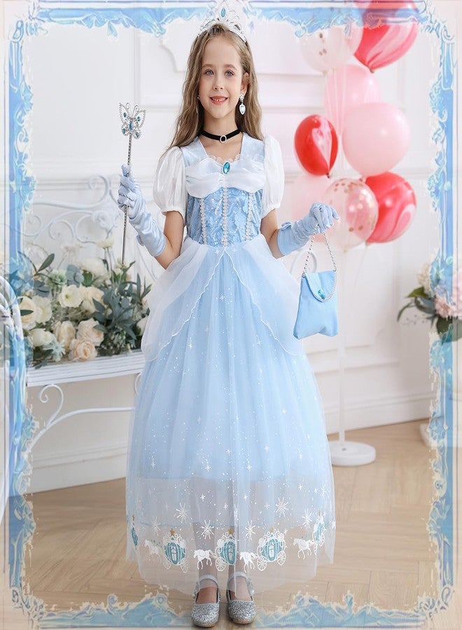Luzlen Cinderella Costume for Girls Blue Princess Dress for Kids with Puffy Sleeves Halloween Birthday Party Outfit,5-6 Years(Label 130) - Image 2