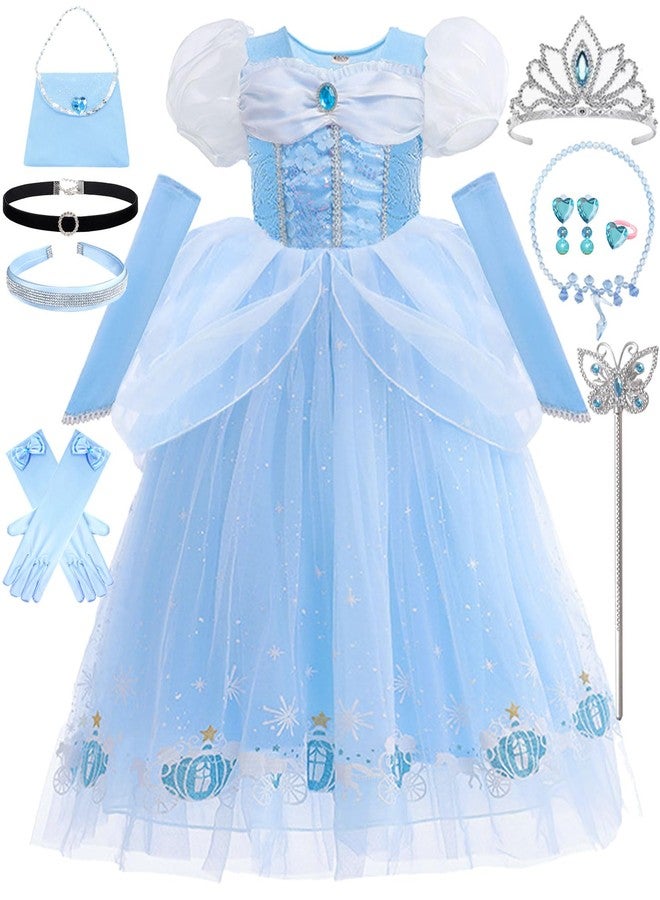 Luzlen Cinderella Costume for Girls Blue Princess Dress for Kids with Puffy Sleeves Halloween Birthday Party Outfit,5-6 Years(Label 130) - Image 1