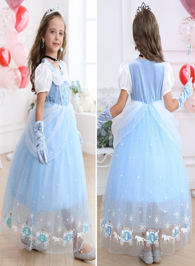 Luzlen Cinderella Costume for Girls Blue Princess Dress for Kids with Puffy Sleeves Halloween Birthday Party Outfit,5-6 Years(Label 130) - Image 3