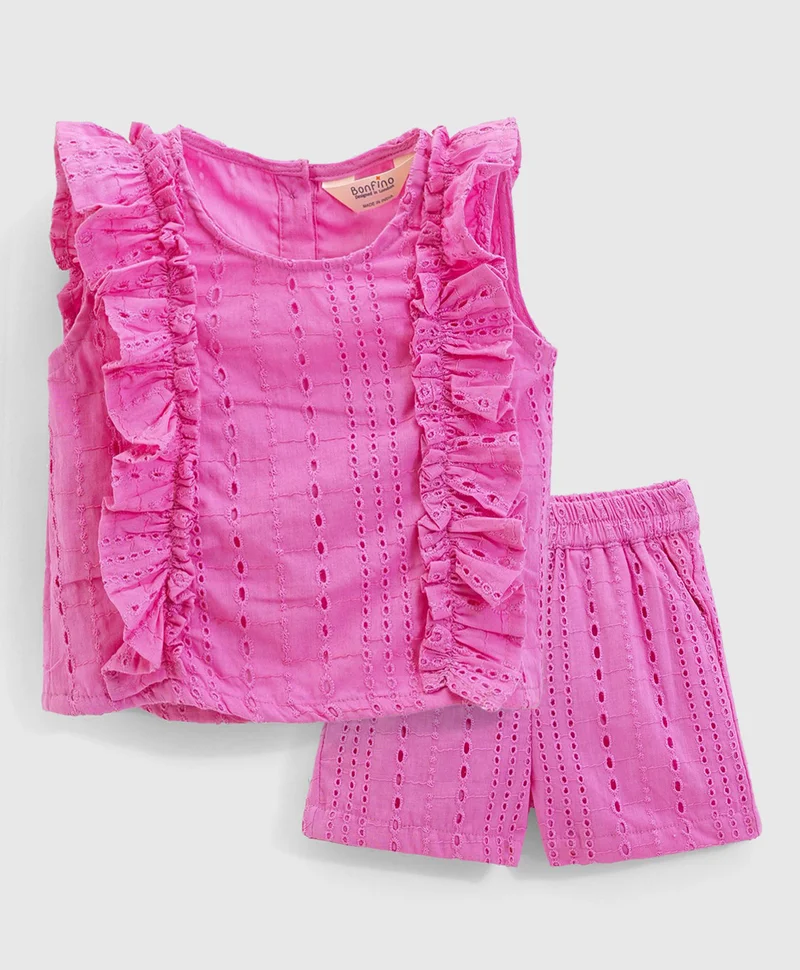 Bonfino Bonfino Woven Schiffli Ruffles Top and Shorts Co-ords Set - Pink