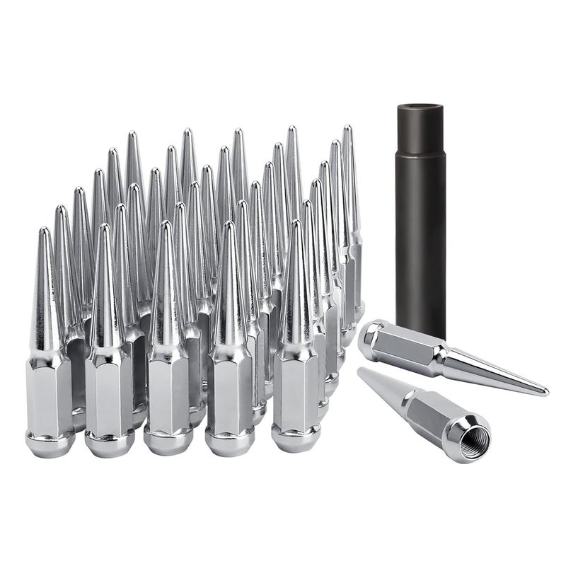 dynofit Store 9/16-18 Wheel Spike Lug Nuts, 32x Chrome 9/16 inchx18 Lug Nut with 1 Socket Key, 4.4'' Tall Closed End Lug Nuts for 1994-2011 Dodge Ram 1500 2500 3500/1988-1998 F250 F350 - Image 1