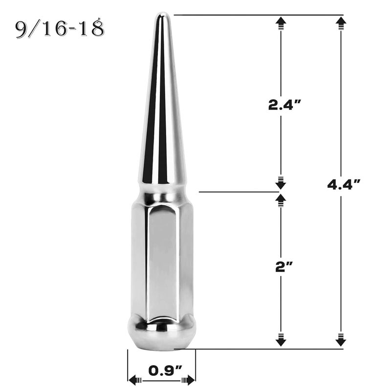 dynofit Store 9/16-18 Wheel Spike Lug Nuts, 32x Chrome 9/16 inchx18 Lug Nut with 1 Socket Key, 4.4'' Tall Closed End Lug Nuts for 1994-2011 Dodge Ram 1500 2500 3500/1988-1998 F250 F350 - Image 2