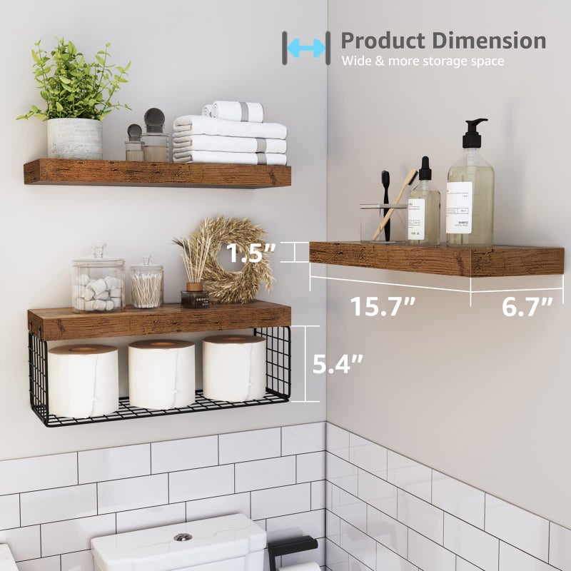 QEEIG Bathroom Shelves Over Toilet - Wall Mounted Floating Shelves Toilet Paper Storage Small Farmhouse Decor Shelf 16 inch Set of 3, Rustic Brown (019-BN3) - Image 3