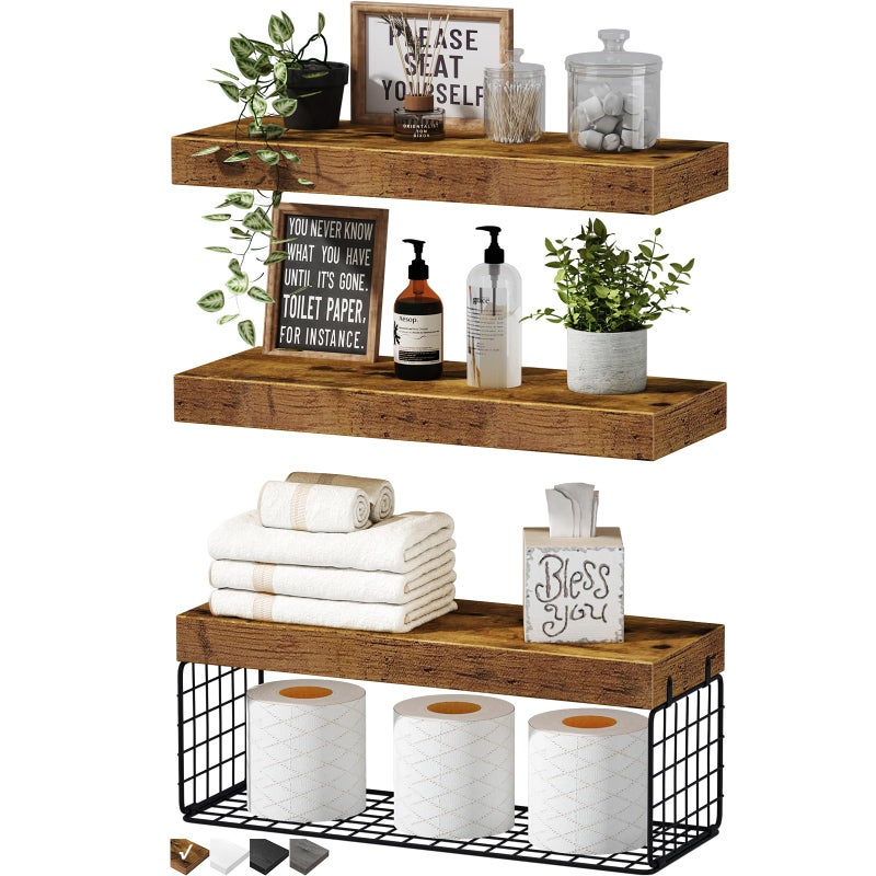 QEEIG Bathroom Shelves Over Toilet - Wall Mounted Floating Shelves Toilet Paper Storage Small Farmhouse Decor Shelf 16 inch Set of 3, Rustic Brown (019-BN3) - Image 1