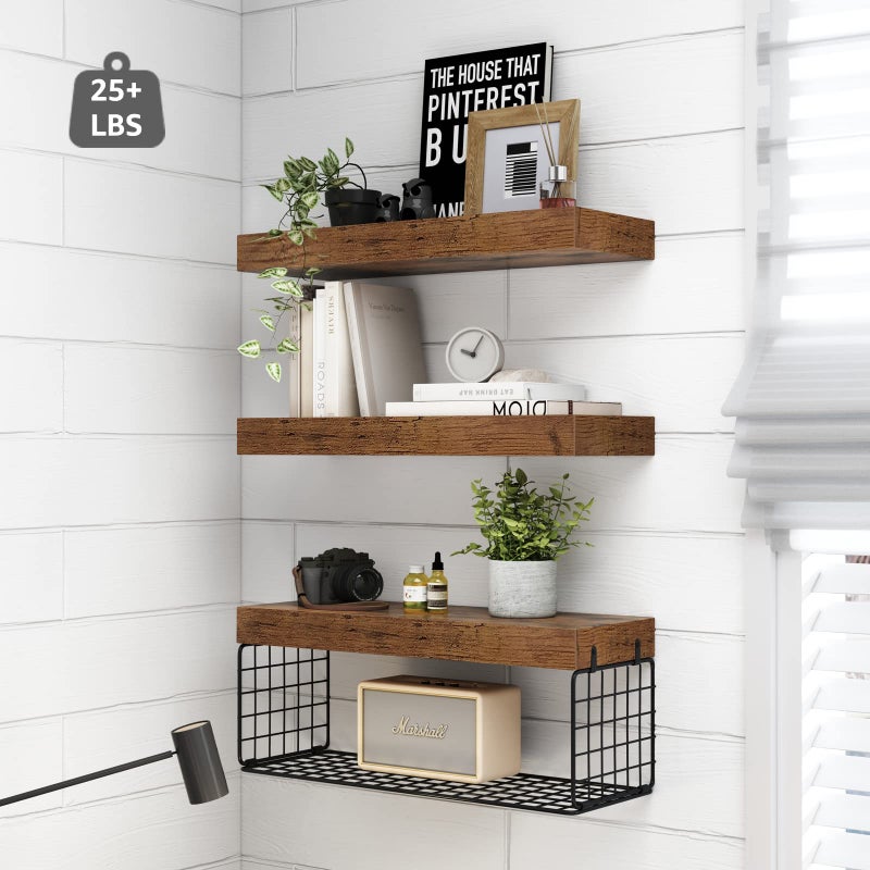 QEEIG Bathroom Shelves Over Toilet - Wall Mounted Floating Shelves Toilet Paper Storage Small Farmhouse Decor Shelf 16 inch Set of 3, Rustic Brown (019-BN3) - Image 4