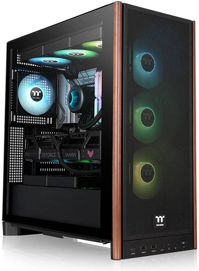 ثيرمال تيك صندوق حاسوب S370 WS (فئة Mid Tower) بمعيار ATX، يدعم لوحات E-ATX/ATX، واجهة شبكية (Mesh) بلمسات خشبية، لوح جانبي من الزجاج المقسى بسماكة 4 مم، 4 مراوح CT120 PWM، دعم لمبرد مائي (Radiator) مقاس 360 مم، منفذ USB-C، فتحات PCIe قابلة للتدوير، مساحة كافية لبطاقة رسوميات (GPU) بطول 410 مم، اللون أسود | CA-11J-00M1WN-00 - Image 1