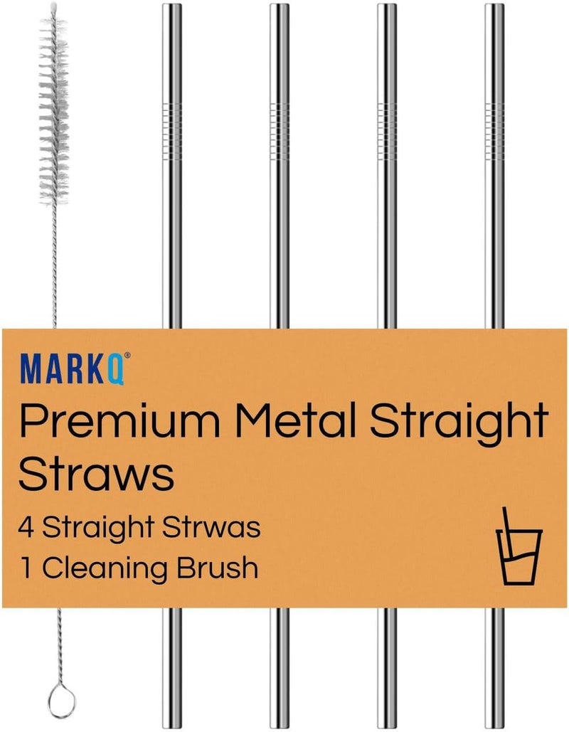 MARKQ طقم مصاصات شرب من الفولاذ المقاوم للصدأ – 4 مصاصات مستقيمة قابلة لإعادة الاستخدام مع فرشاة تنظيف واحدة، متوافقة مع جميع أحجام الأكواب، مناسبة للعصائر، القهوة، المشروبات - Image 1
