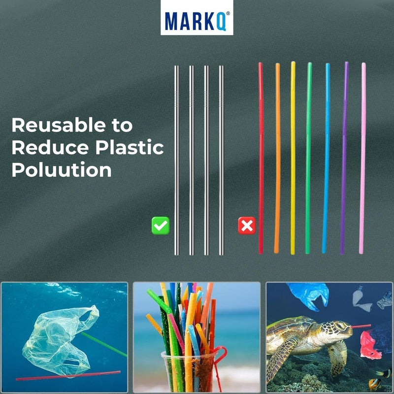 MARKQ طقم مصاصات شرب من الفولاذ المقاوم للصدأ – 4 مصاصات مستقيمة قابلة لإعادة الاستخدام مع فرشاة تنظيف واحدة، متوافقة مع جميع أحجام الأكواب، مناسبة للعصائر، القهوة، المشروبات - Image 5