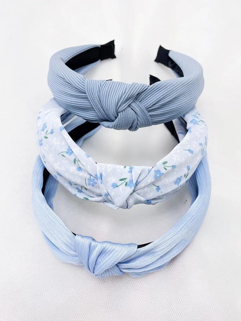 AIBFRID 3 Packs Top Knot Headbands for Women, Blue Knotted Head Bands for Women's Hair Floral Spring Summer Hairbands Cute Hair Accessories - Image 1
