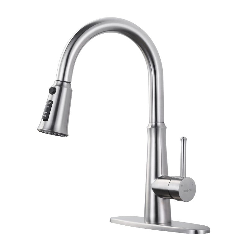 WOWOW Kitchen Faucet with Pull Down Sprayer Stainless Steel Brushed Nickel Faucet for 1 or 3 Hole Sinks Modern RV Faucet with Adapter - Image 2