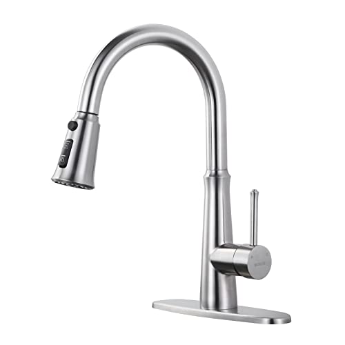 WOWOW Kitchen Faucet with Pull Down Sprayer Stainless Steel Brushed Nickel Faucet for 1 or 3 Hole Sinks Modern RV Faucet with Adapter - Image 1