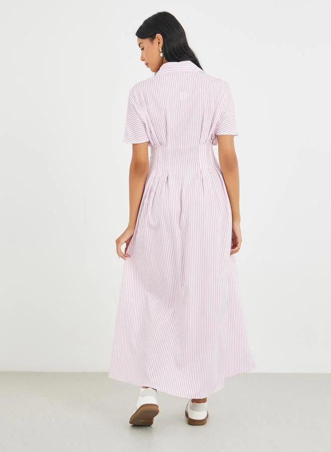 Take Two Take Two Striped Short Sleeve Pleated Collared Maxi Dress