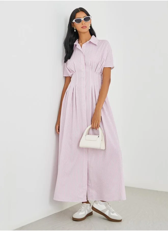 Take Two Take Two Striped Short Sleeve Pleated Collared Maxi Dress