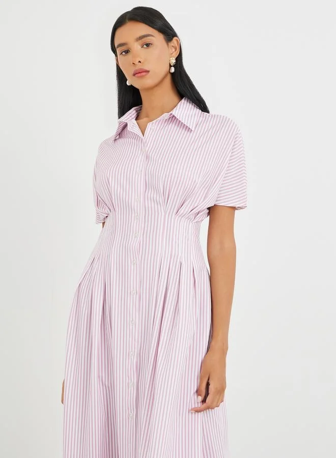 Take Two Take Two Striped Short Sleeve Pleated Collared Maxi Dress