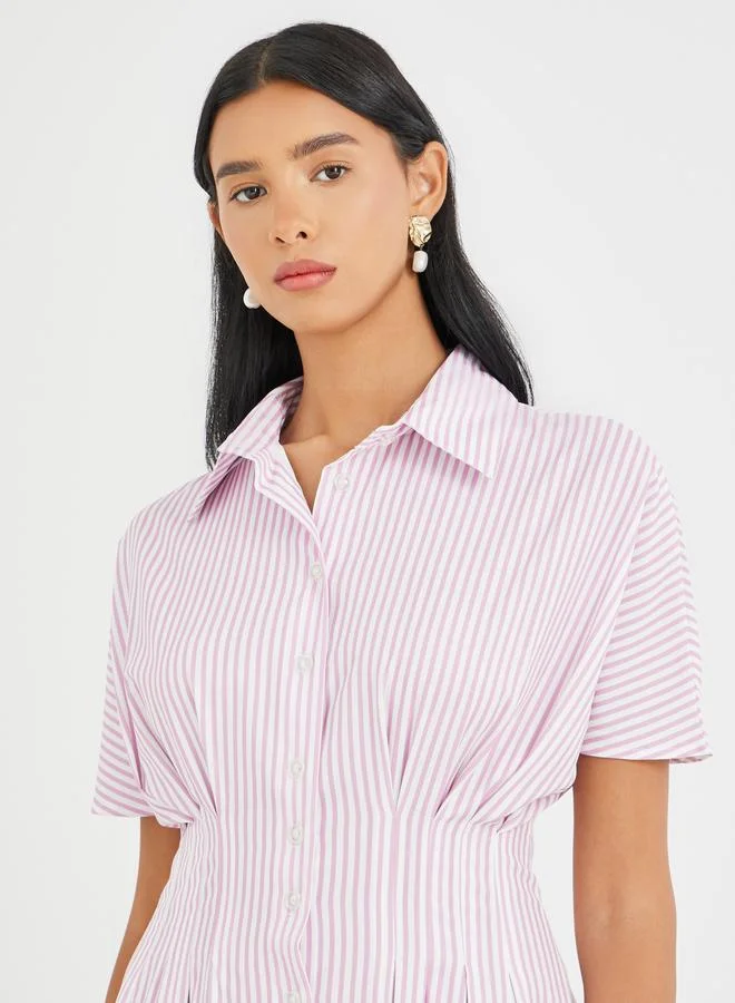 Take Two Take Two Striped Short Sleeve Pleated Collared Maxi Dress