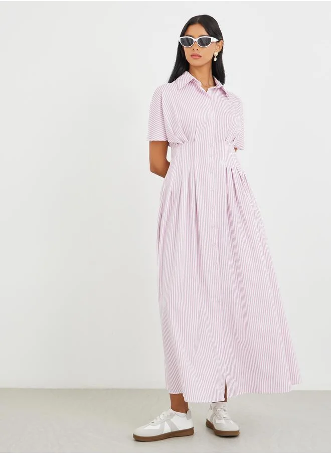 Take Two Take Two Striped Short Sleeve Pleated Collared Maxi Dress