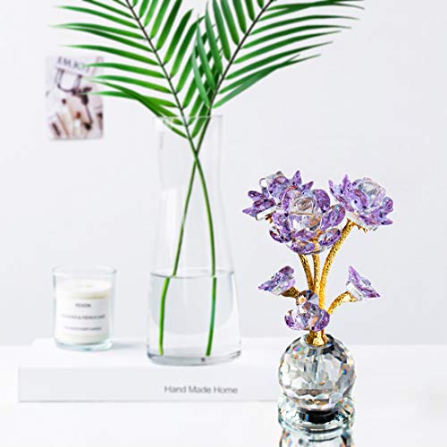 QFkris Purple Crystal Rose Flower Figurine Collectible Statue Glass Flowers with Stems Ornament Home Decor for Thanksgiving,Christmas,Wedding,Mothers Day,Centerpiece,Gift for Women - Image 4