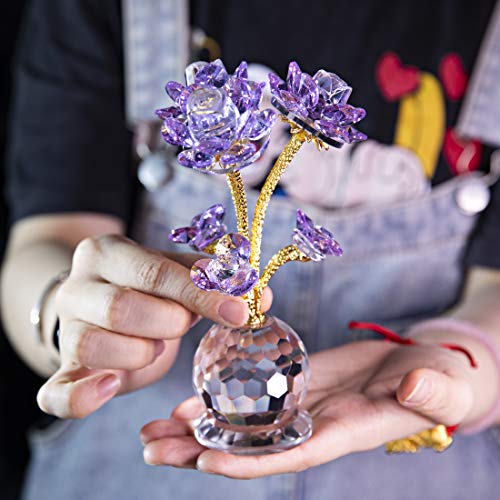 QFkris Purple Crystal Rose Flower Figurine Collectible Statue Glass Flowers with Stems Ornament Home Decor for Thanksgiving,Christmas,Wedding,Mothers Day,Centerpiece,Gift for Women - Image 2