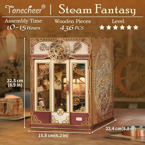 Tonecheer DIY Book Nook Kit for Adults Miniature Infinity Train Cabin Steam Age Vintage Carriage Model Wooden 3D Puzzle Dollhouse Booknook Decorative Bookend Gifts Steam Fantasy - Image 5