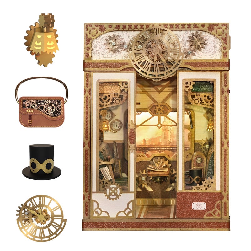 Tonecheer DIY Book Nook Kit for Adults Miniature Infinity Train Cabin Steam Age Vintage Carriage Model Wooden 3D Puzzle Dollhouse Booknook Decorative Bookend Gifts Steam Fantasy - Image 3
