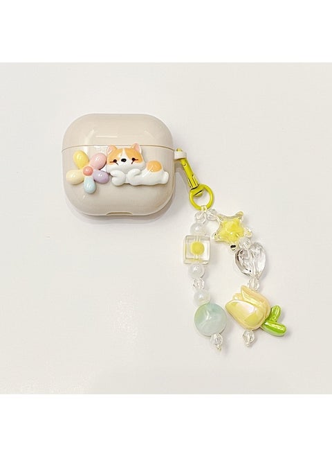For AirPods 4 Headphone Set Cartoon Diy Doll Pendant Apple 1/2 Generation/pro2 Bluetooth Soft Case Bracelet-Color:Beige Soft Shell + Pendant-flower Dog-Model:AirPods 1/2 Generation (protective Cover)