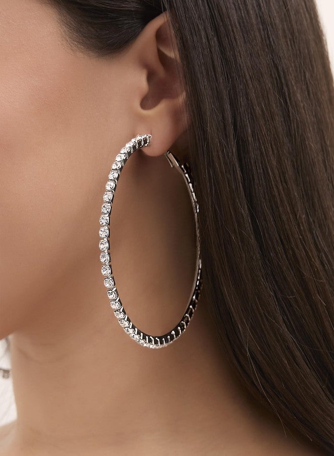 Jessica Simpson Women's Large Hoop Earrings with Crystal Embellishments, Thin Hoop Earrings for Women, Silver Hoops - Image 3