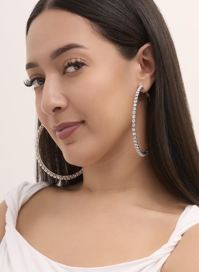 Jessica Simpson Women's Large Hoop Earrings with Crystal Embellishments, Thin Hoop Earrings for Women, Silver Hoops - Image 2