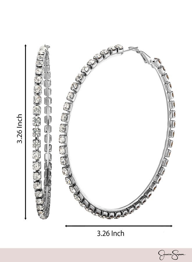 Jessica Simpson Women's Large Hoop Earrings with Crystal Embellishments, Thin Hoop Earrings for Women, Silver Hoops - Image 5