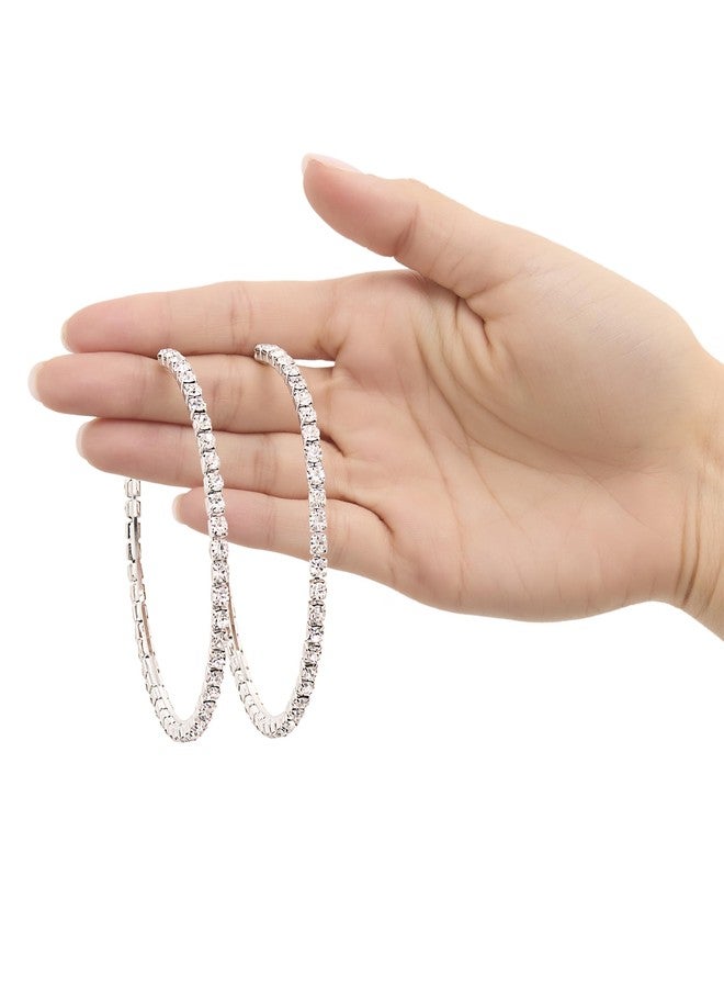 Jessica Simpson Women's Large Hoop Earrings with Crystal Embellishments, Thin Hoop Earrings for Women, Silver Hoops - Image 4