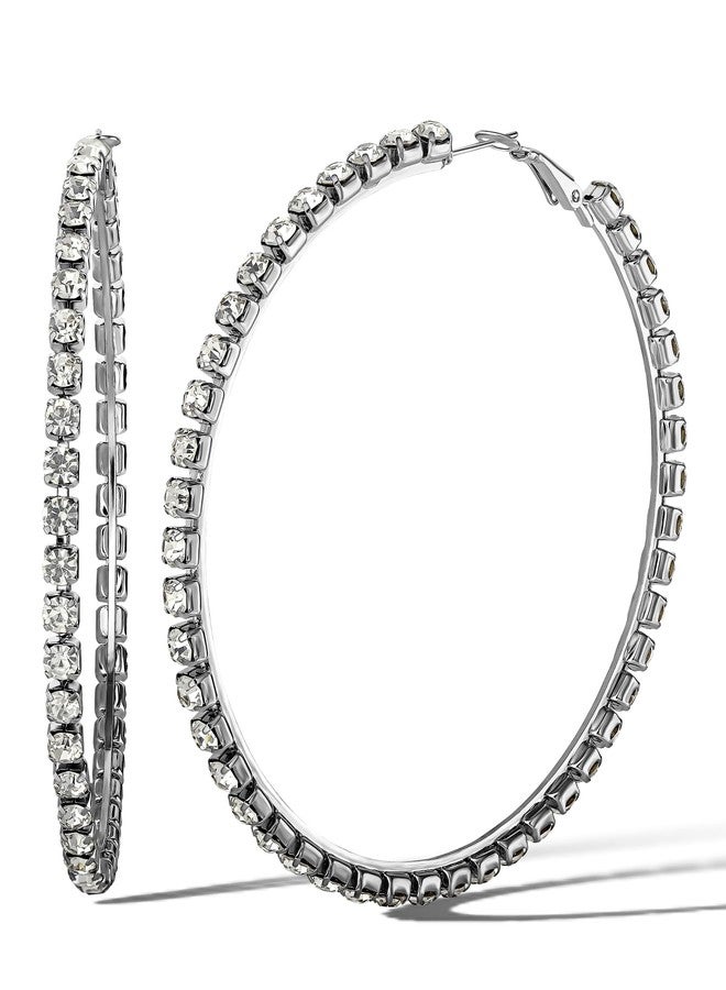 Jessica Simpson Women's Large Hoop Earrings with Crystal Embellishments, Thin Hoop Earrings for Women, Silver Hoops - Image 1
