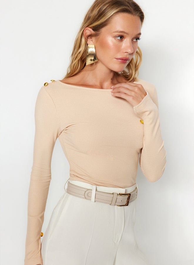 trendyol Stones Boat Collar Corduroy Flexible Regular Fit Long Sleeve Button Detailed Knitted Blouse TWOAW24BZ00052.  - Image 1