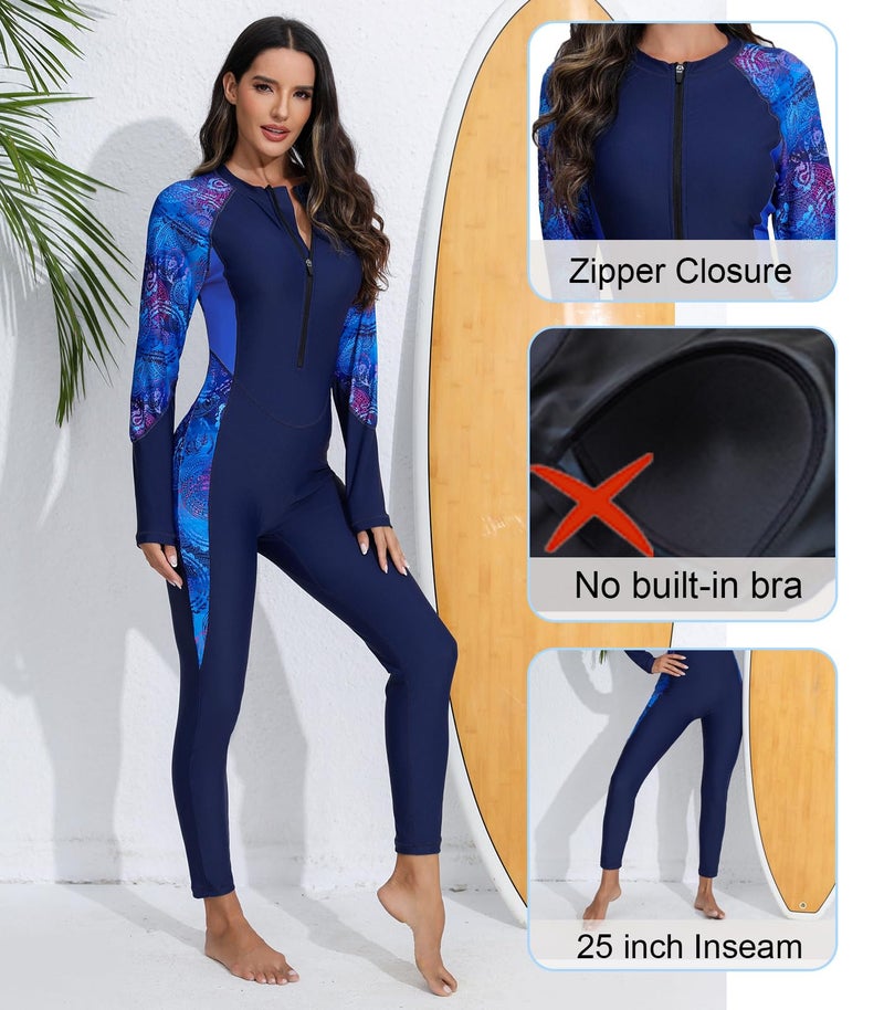 Halcurt Women Full Rash Guard Bathing Suit UPF 50 Long Sleeve Zipper One Piece Swimsuit Navy L - Image 5