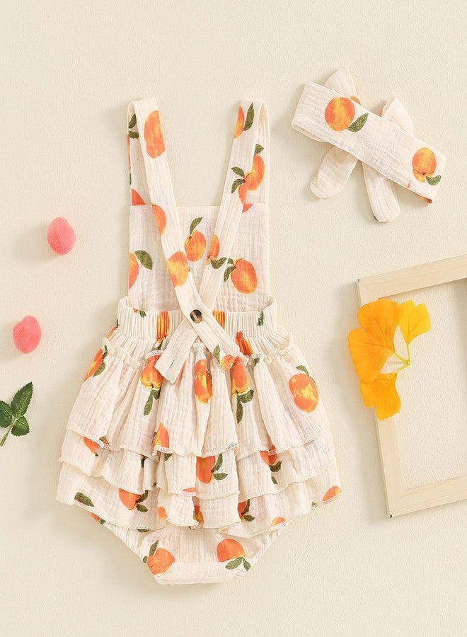 Honganda Baby Girl Summer Outfit Peaches print Sleeveless Ruffle Butt Romper with Bow Headband Newborn Infant Jumpsuit (Beige, 6-12 Months) - Image 4