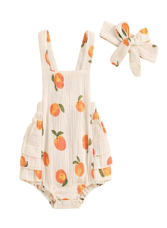 Honganda Baby Girl Summer Outfit Peaches print Sleeveless Ruffle Butt Romper with Bow Headband Newborn Infant Jumpsuit (Beige, 6-12 Months) - Image 1