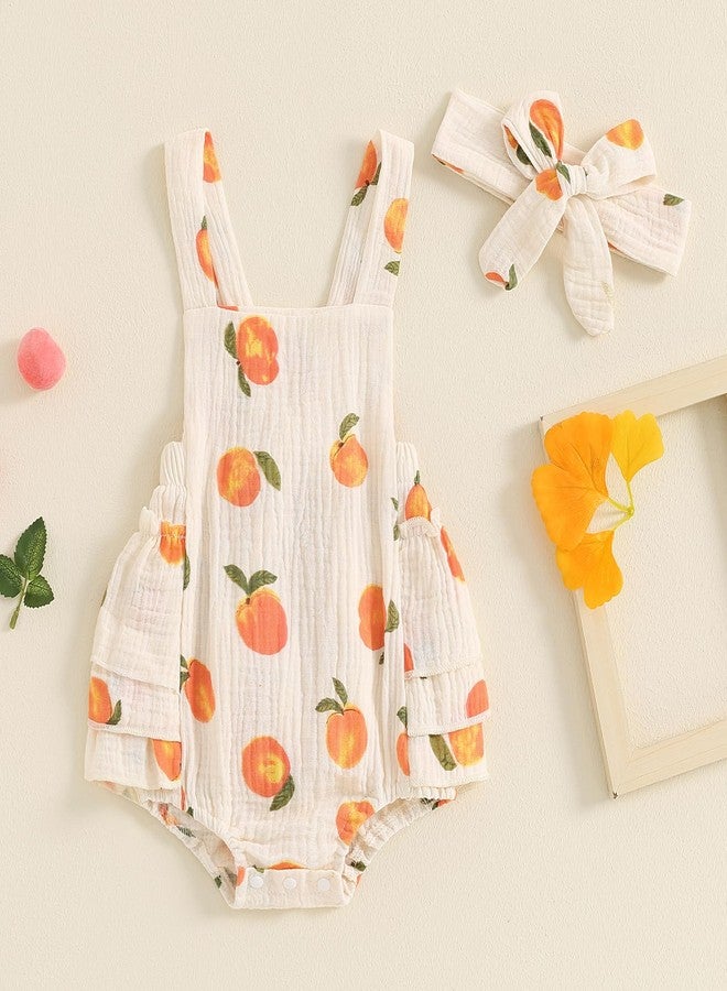 Honganda Baby Girl Summer Outfit Peaches print Sleeveless Ruffle Butt Romper with Bow Headband Newborn Infant Jumpsuit (Beige, 6-12 Months) - Image 2