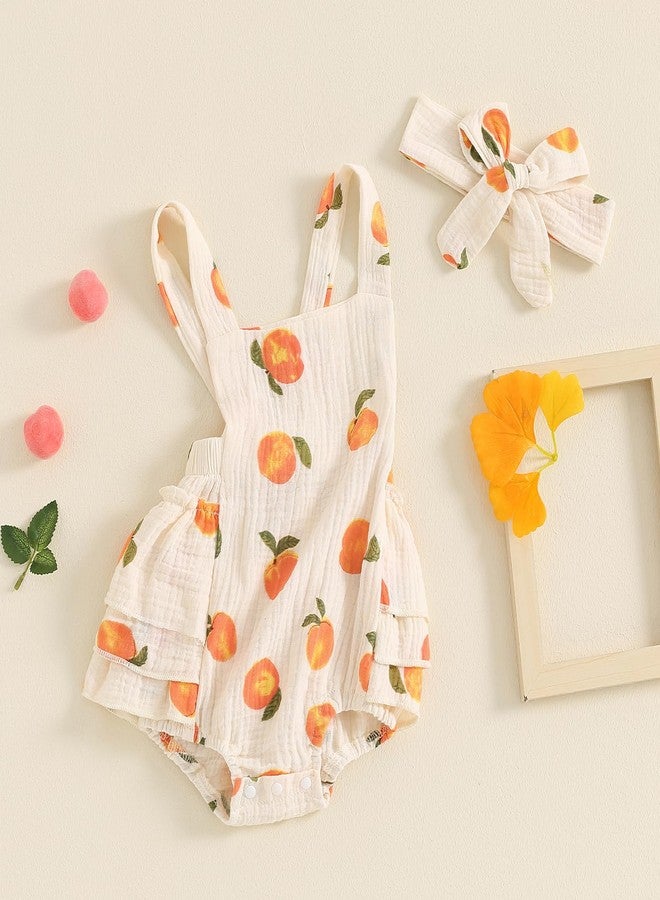 Honganda Baby Girl Summer Outfit Peaches print Sleeveless Ruffle Butt Romper with Bow Headband Newborn Infant Jumpsuit (Beige, 6-12 Months) - Image 3