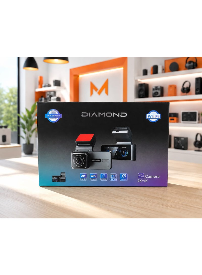 Diamond X9 Dual Dash Cam 2K Front & 1080P Rear Camera with 3.16 Inch IPS Screen | WiFi Car DVR Recorder | Night Vision | Loop Recording | G-Sensor | Parking Monitoring | 140° Wide Angle Vehicle Camera - Image 1