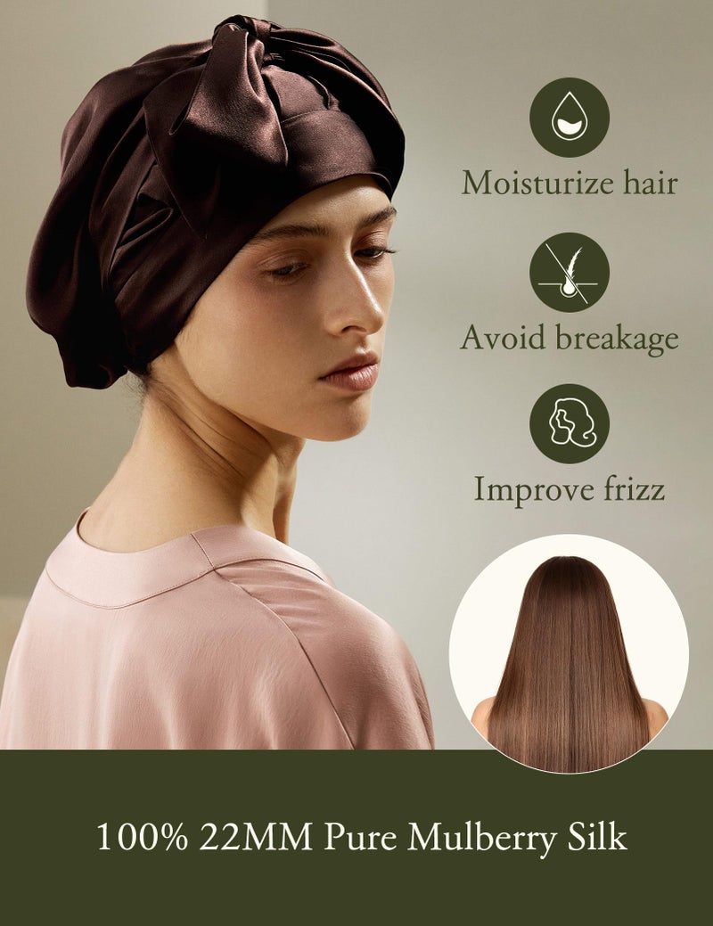 ليلي سيلك LILYSILK CLEK SLEEP CAP 100 ٪ 22 مم من الحرير الحريري للسيدات الطبيعية للحرير الطبيعي للنوم ونوم العناية بالشعر غطاء دش مع شريط مرن طويل للبقاء على اللون البني الداكن - Image 5