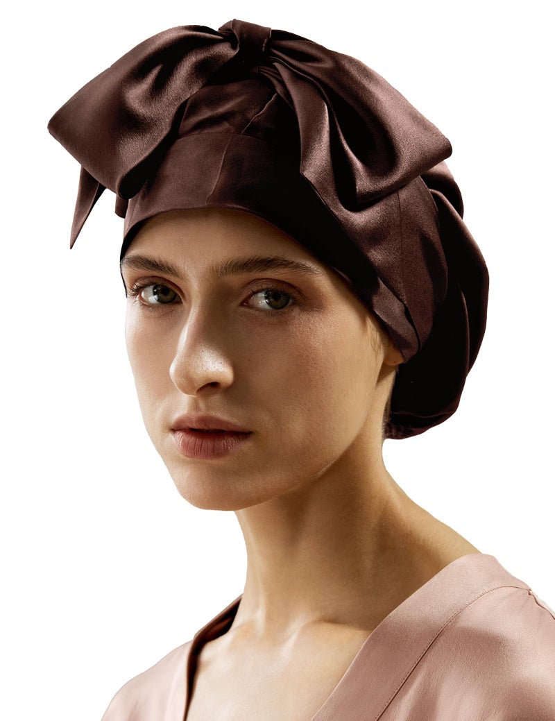 ليلي سيلك LILYSILK CLEK SLEEP CAP 100 ٪ 22 مم من الحرير الحريري للسيدات الطبيعية للحرير الطبيعي للنوم ونوم العناية بالشعر غطاء دش مع شريط مرن طويل للبقاء على اللون البني الداكن - Image 1