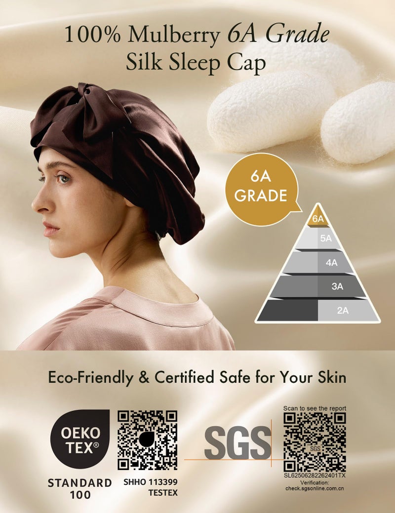 ليلي سيلك LILYSILK CLEK SLEEP CAP 100 ٪ 22 مم من الحرير الحريري للسيدات الطبيعية للحرير الطبيعي للنوم ونوم العناية بالشعر غطاء دش مع شريط مرن طويل للبقاء على اللون البني الداكن - Image 3
